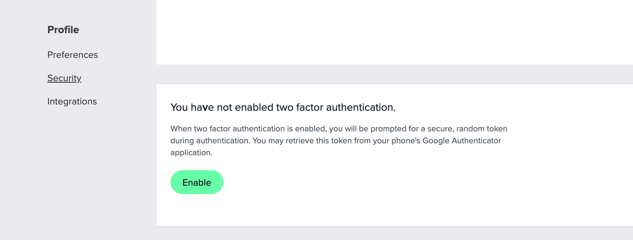 Security settings page with Turn on 2FA button