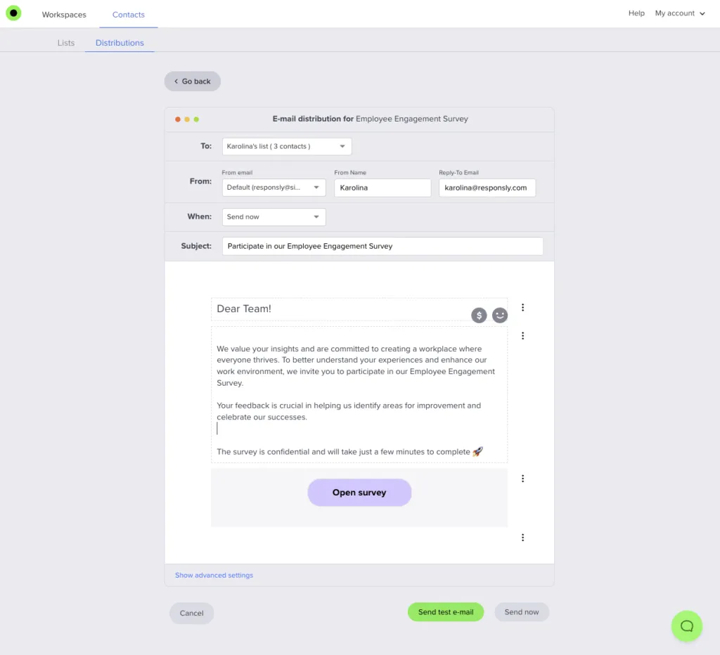 E-mail invitation creator in Responsly