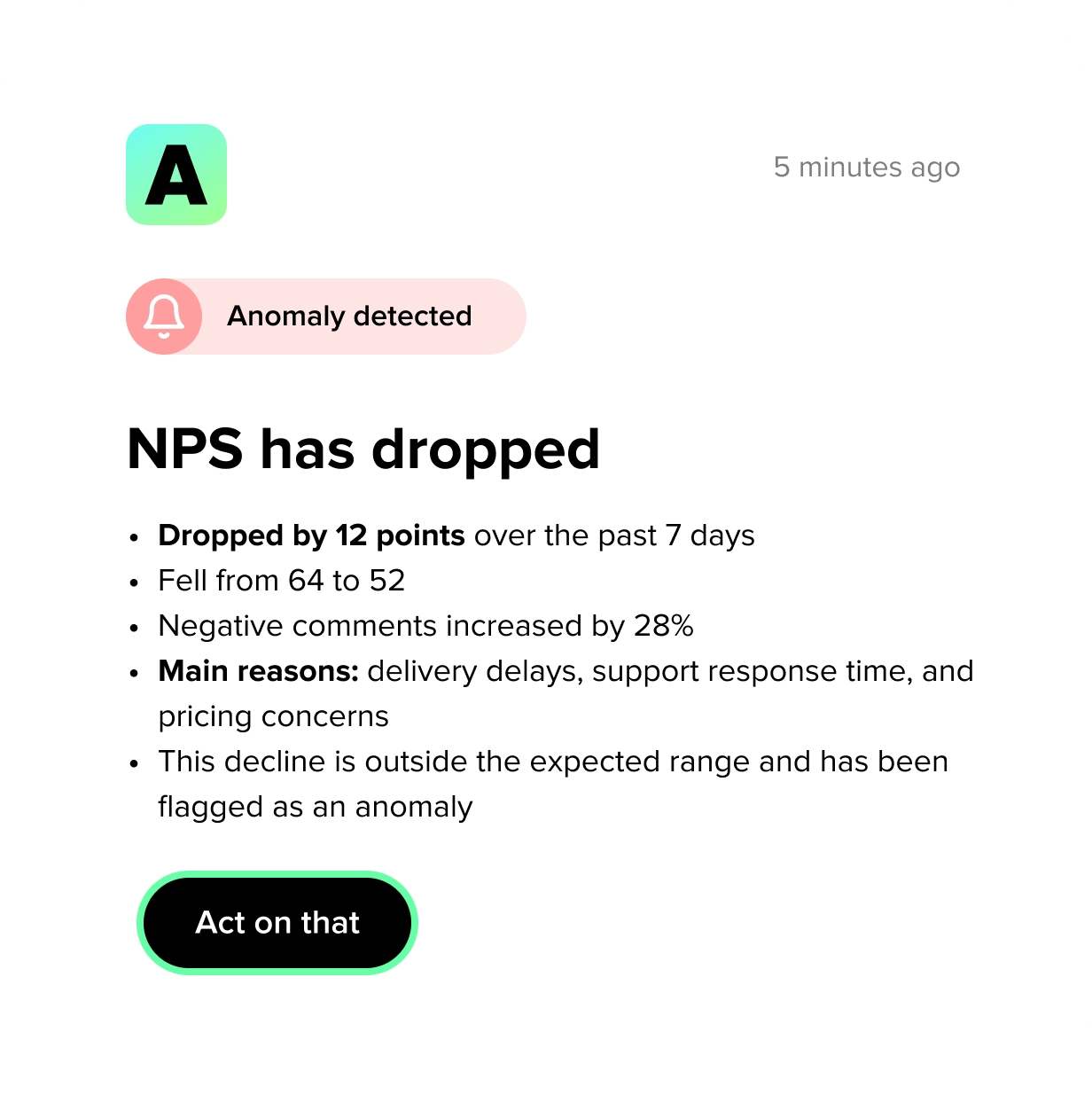 Alert showing an NPS drop with anomaly detection and drivers