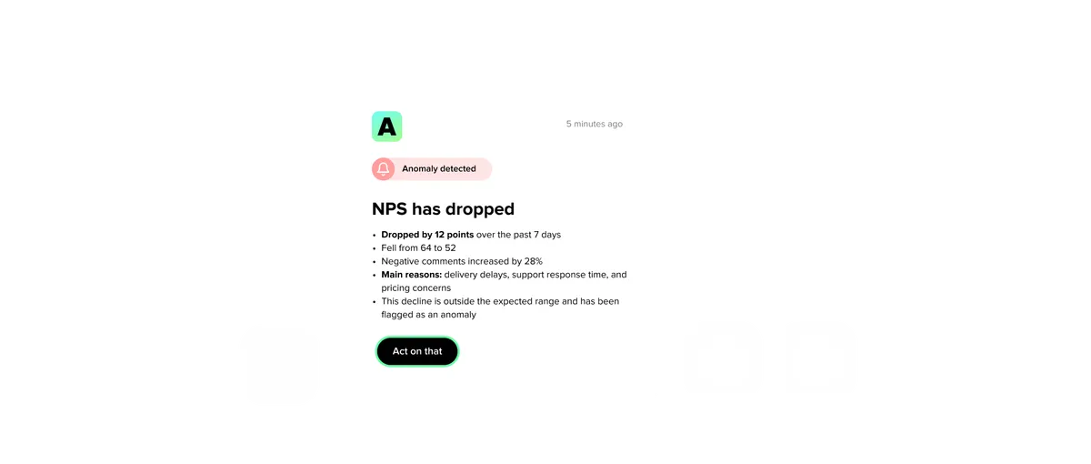 Athena UI: line chart comparing NPS with AI-written key findings and suggested next steps.
