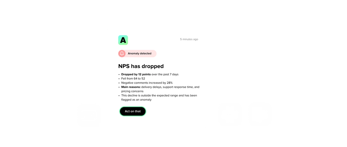 Athena UI: line chart comparing NPS with AI-written key findings and suggested next steps.