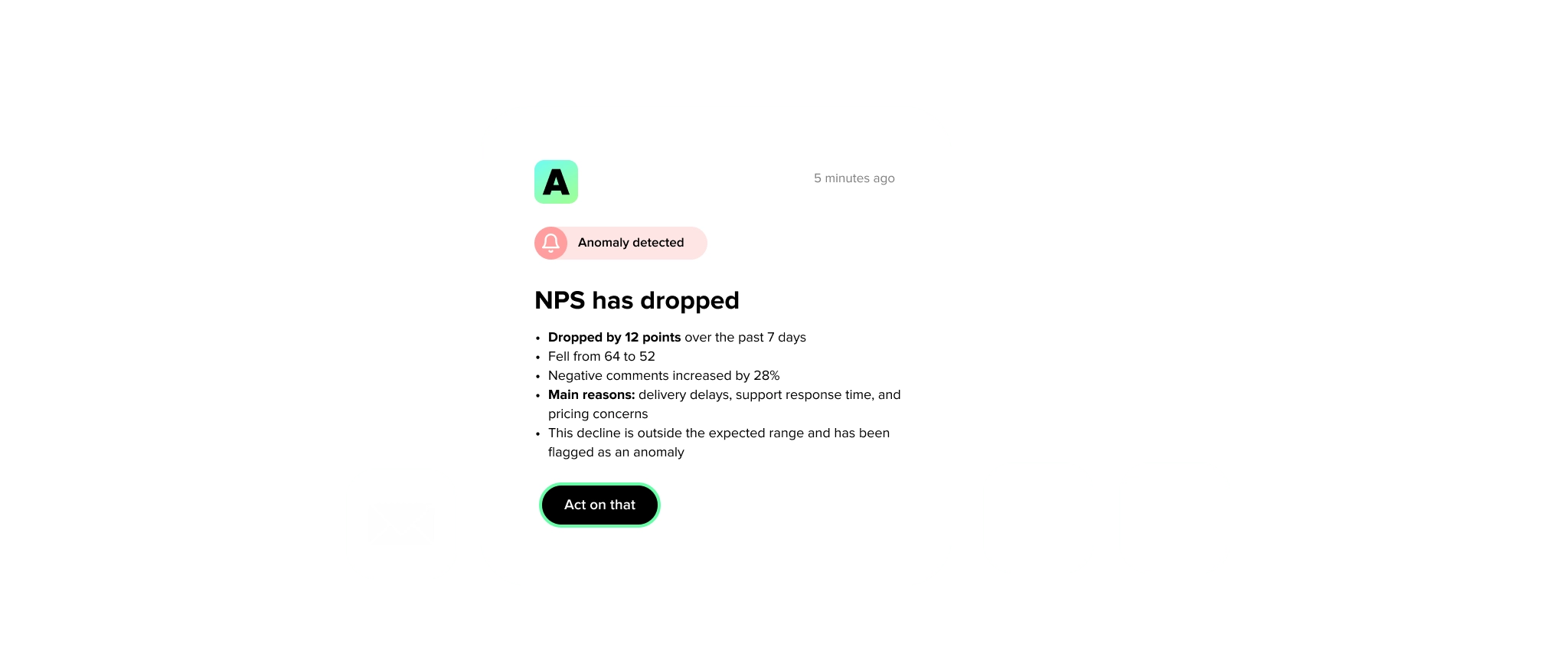 Athena UI: line chart comparing NPS with AI-written key findings and suggested next steps.