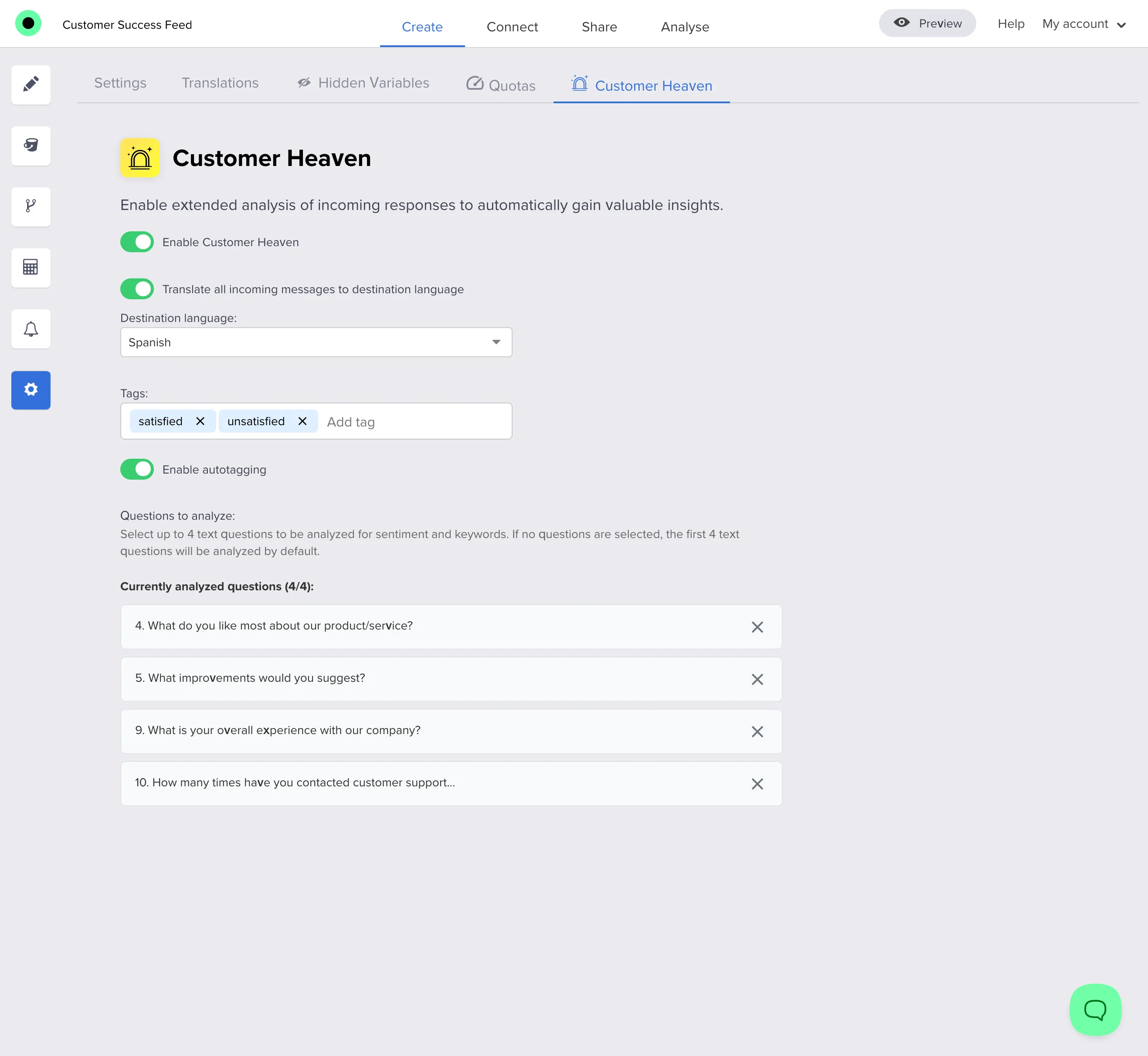 Customer Heaven settings