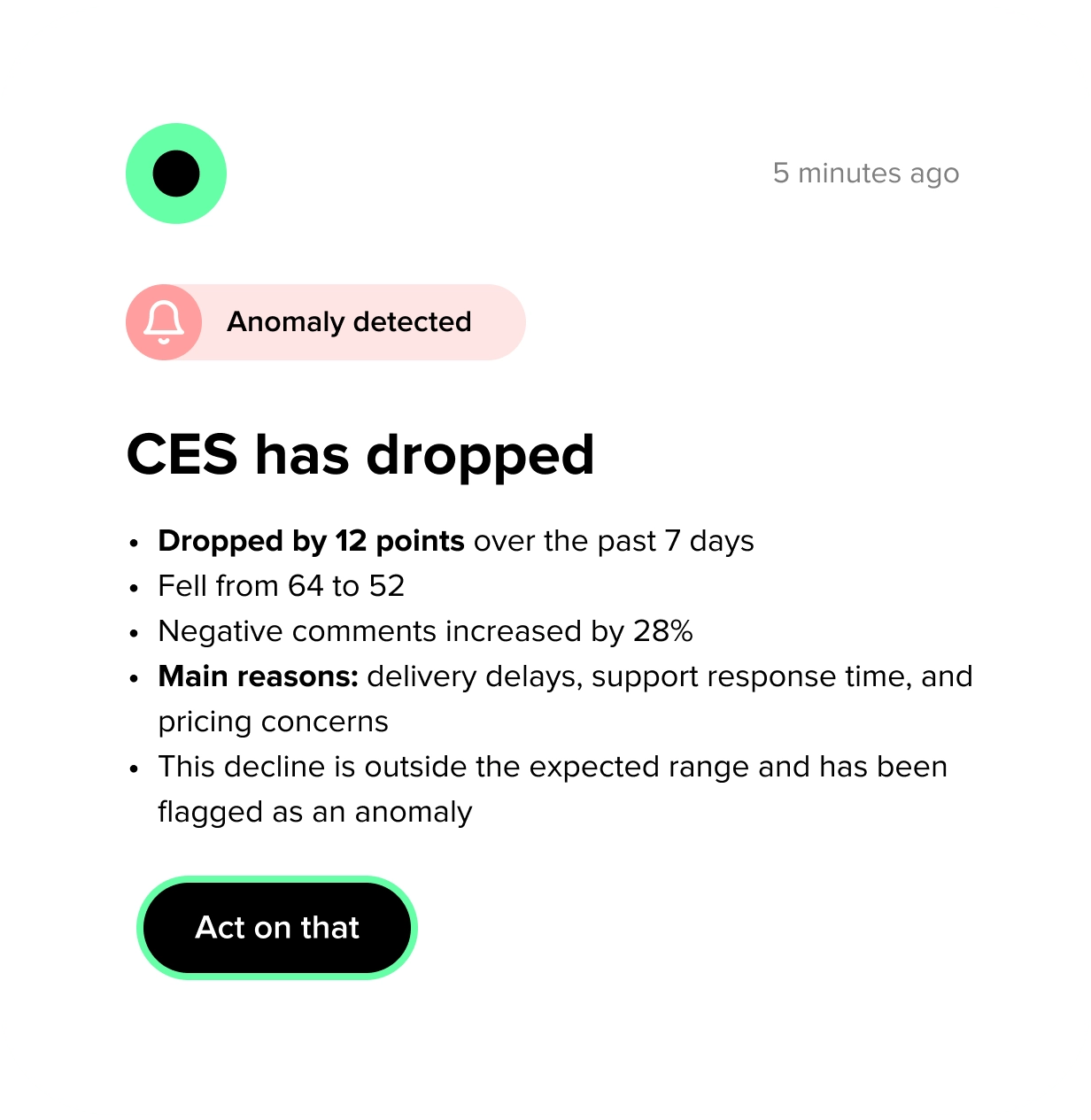 Alert about rising customer effort on a process with the drivers behind it