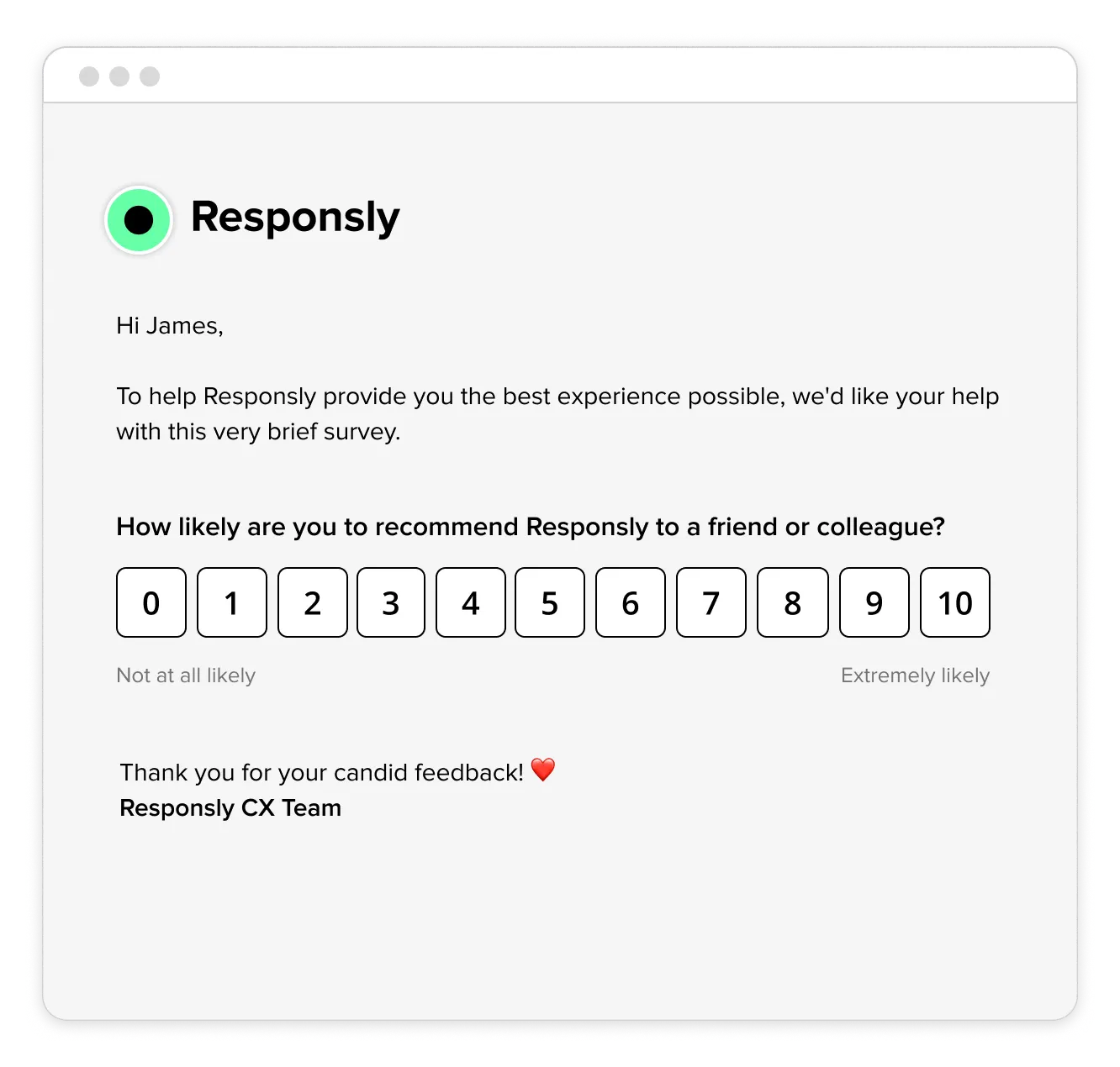 NPS 0–10 scale customer satisfaction email example built with Responsly