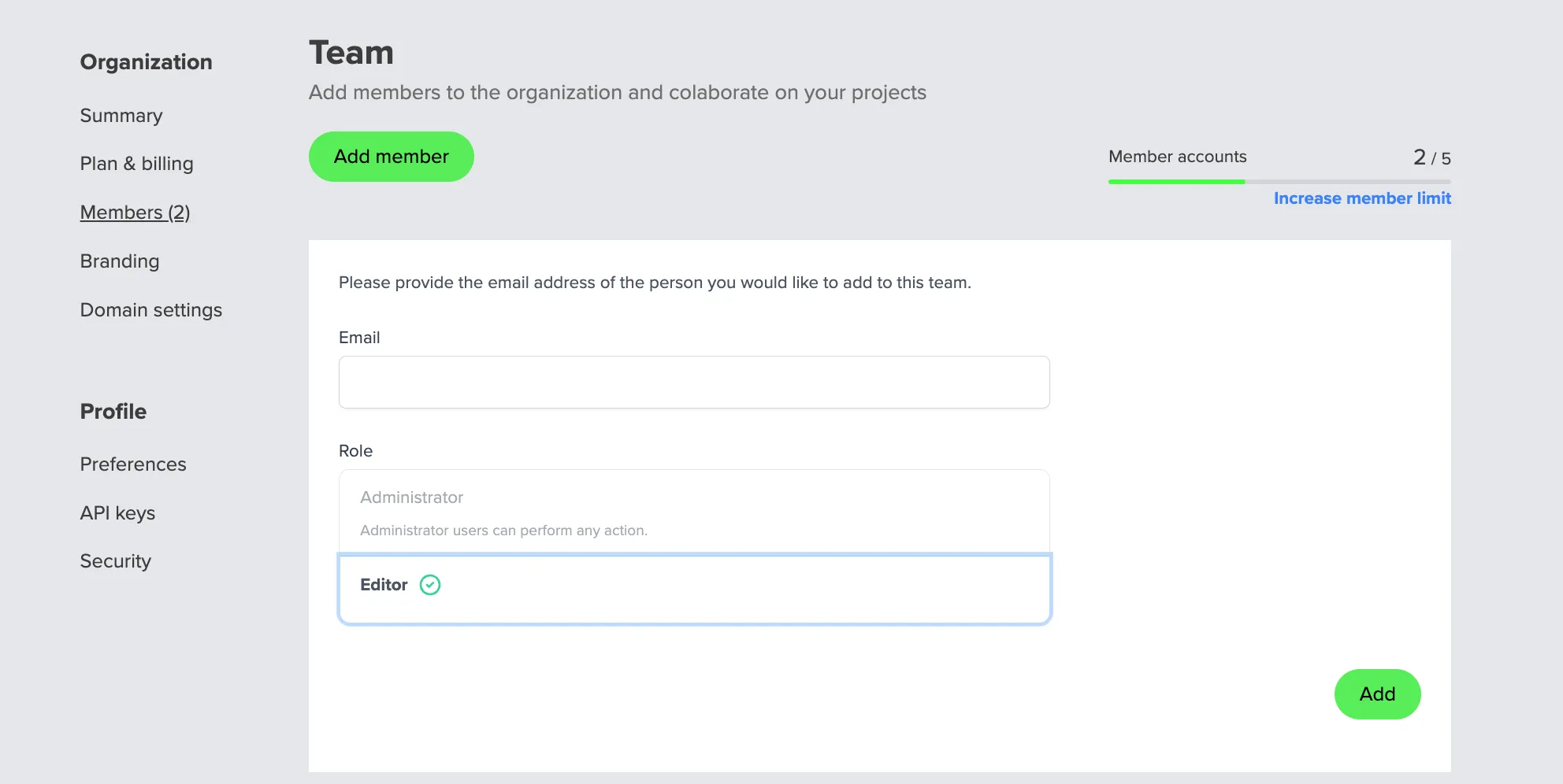 Teams and members settings