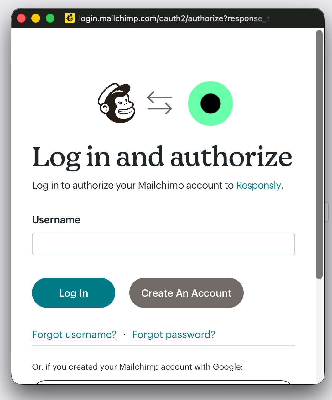 Mailchimp OAuth window