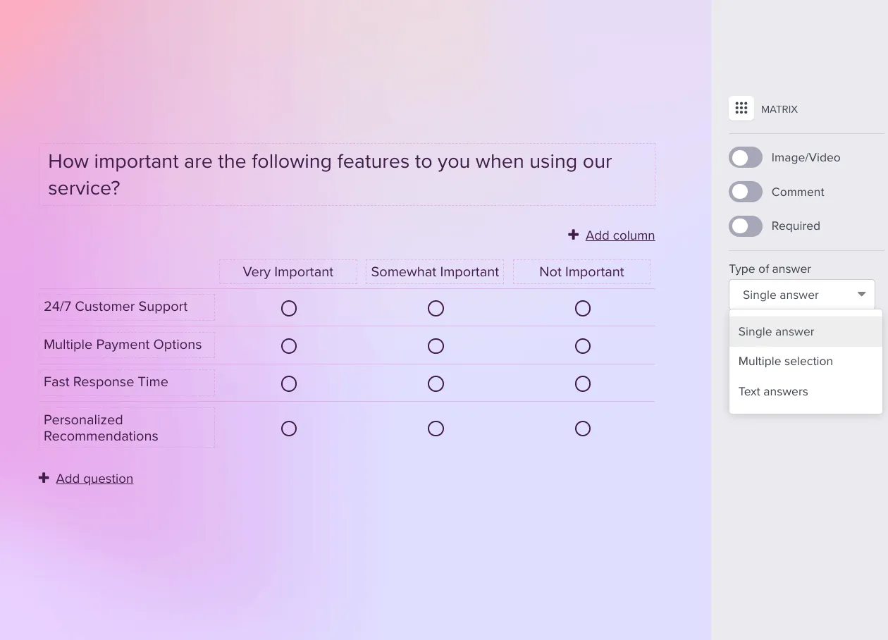 Answer types in matrix