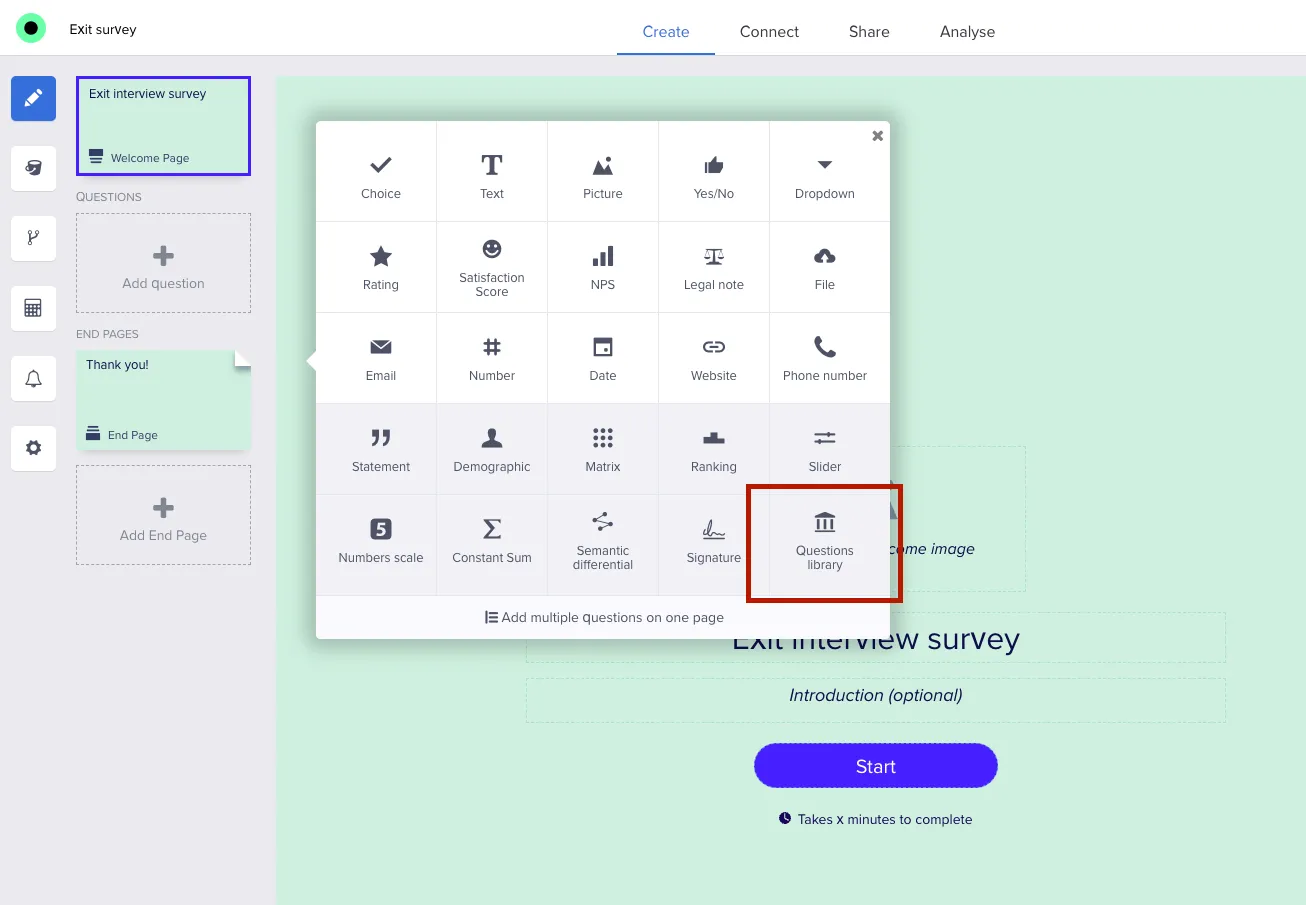 Questions library entry in the Add question menu
