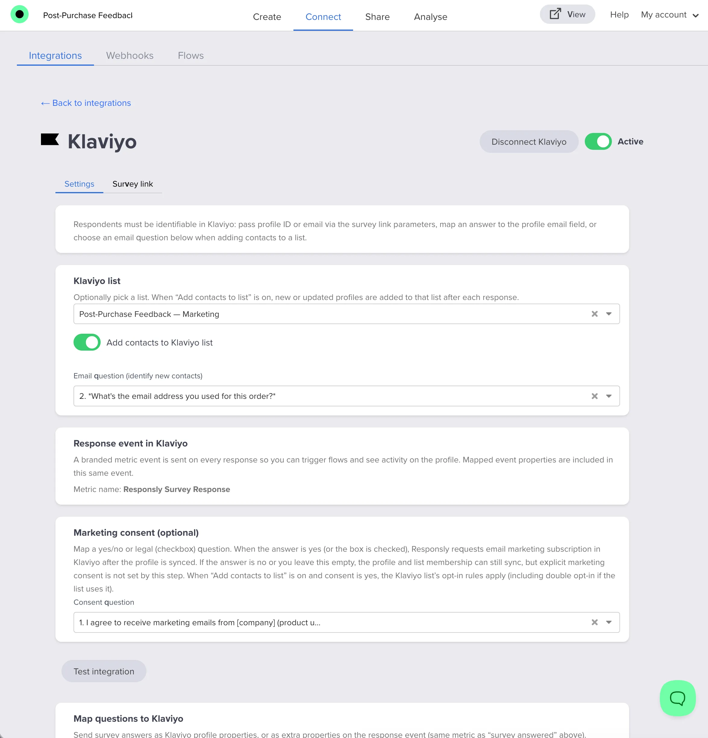 Klaviyo Integration Settings tab 1