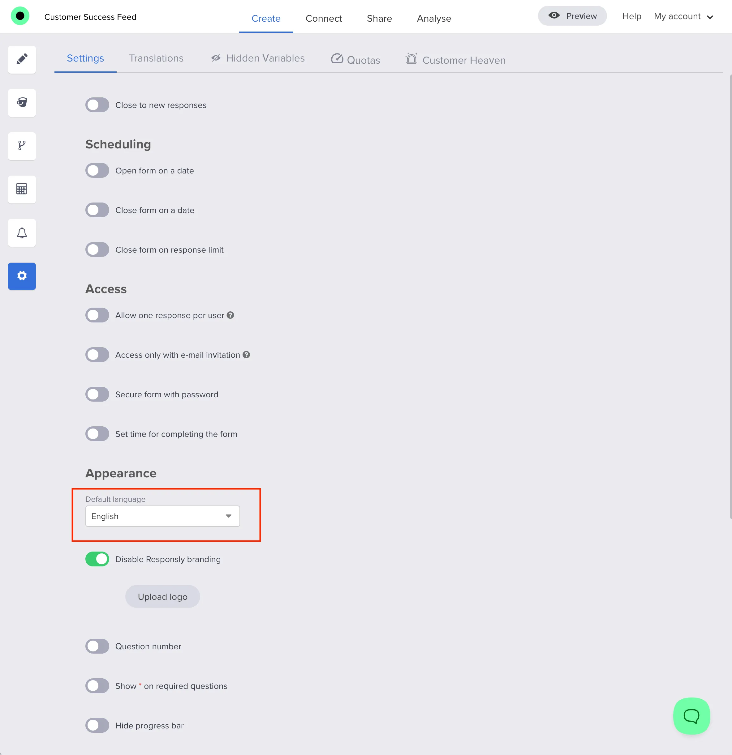 Default language in form settings