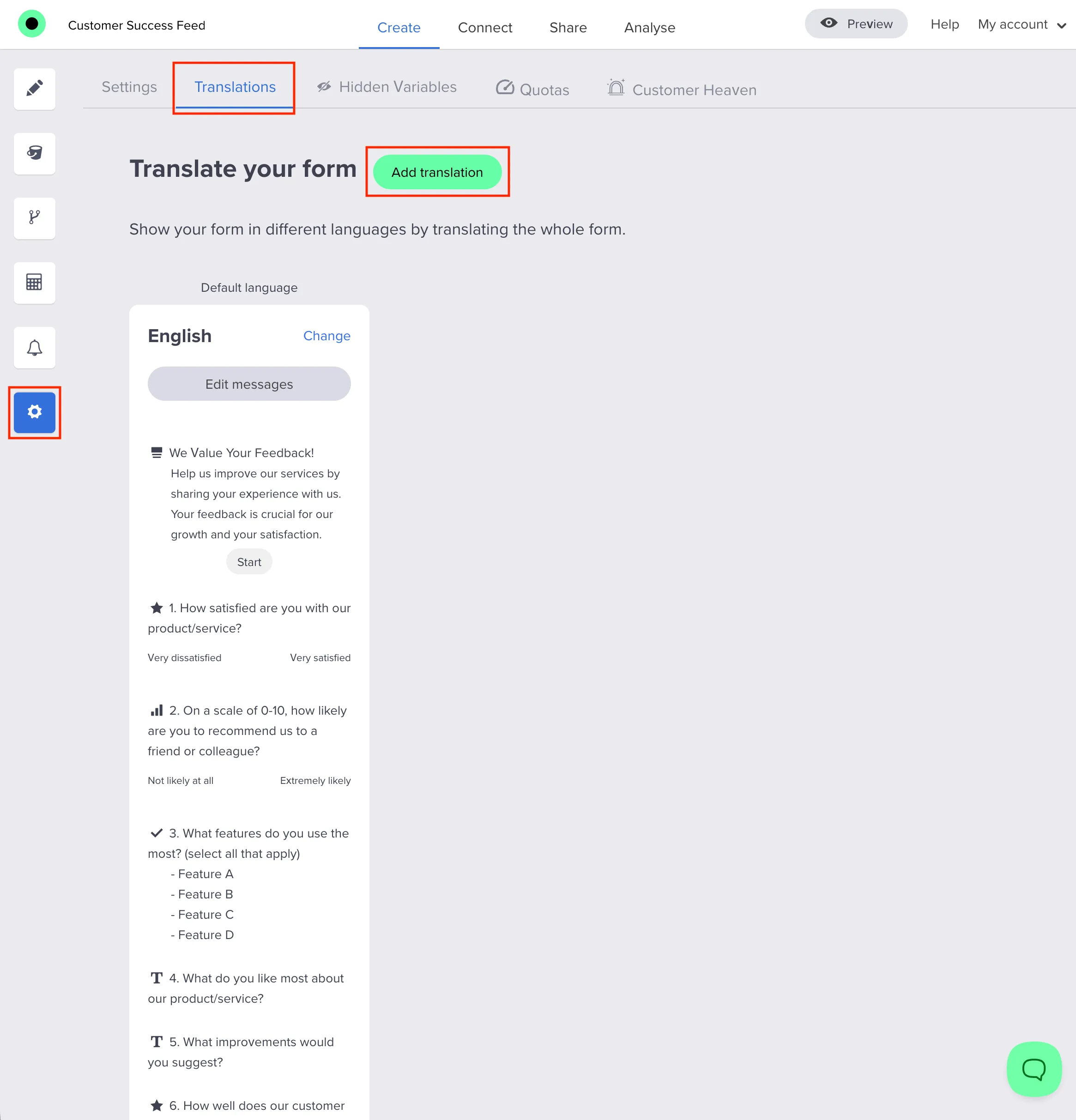 Translations in form settings