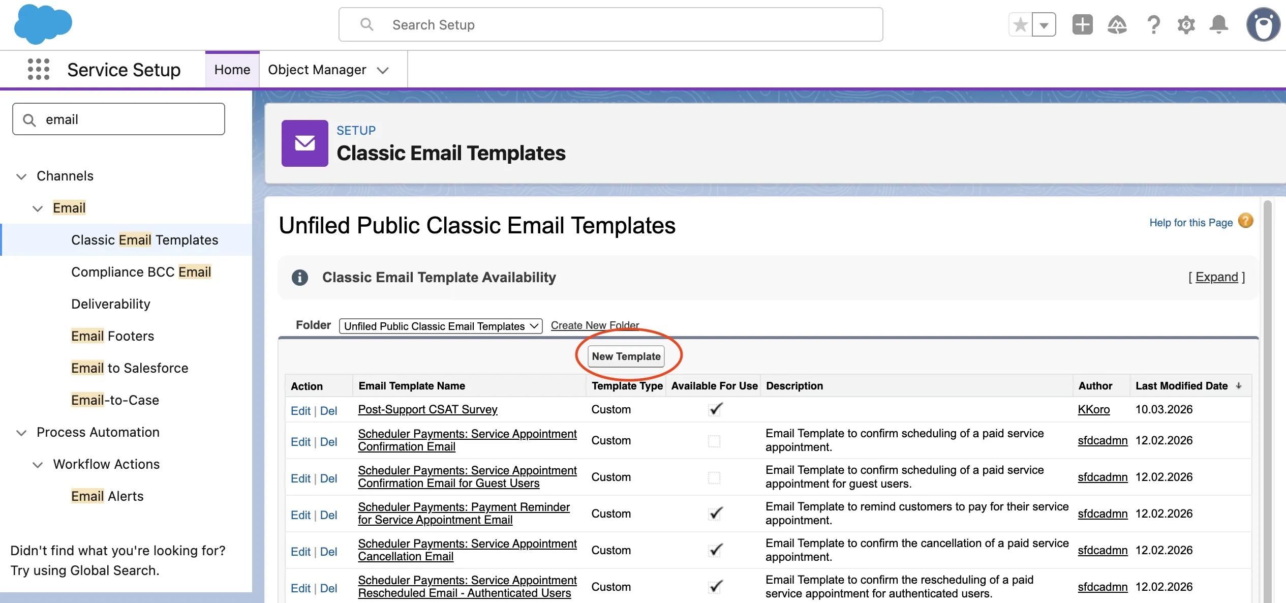 Classic Email Templates list with the New Template button highlighted