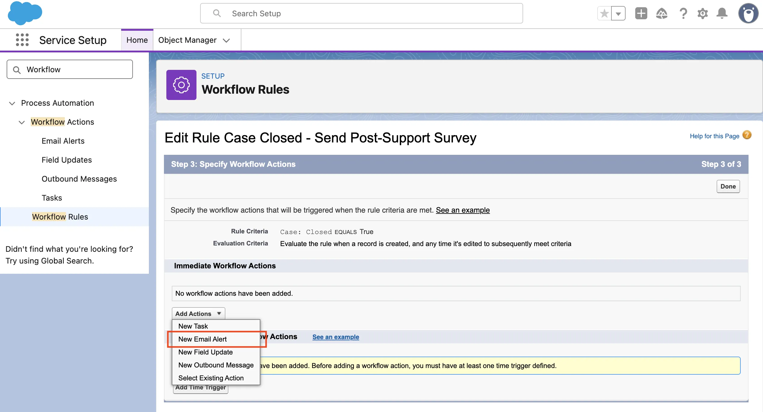 Edit Rule – Case Closed - Send Post-Support Survey screen with the Add Actions → New Email Alert option highlighted