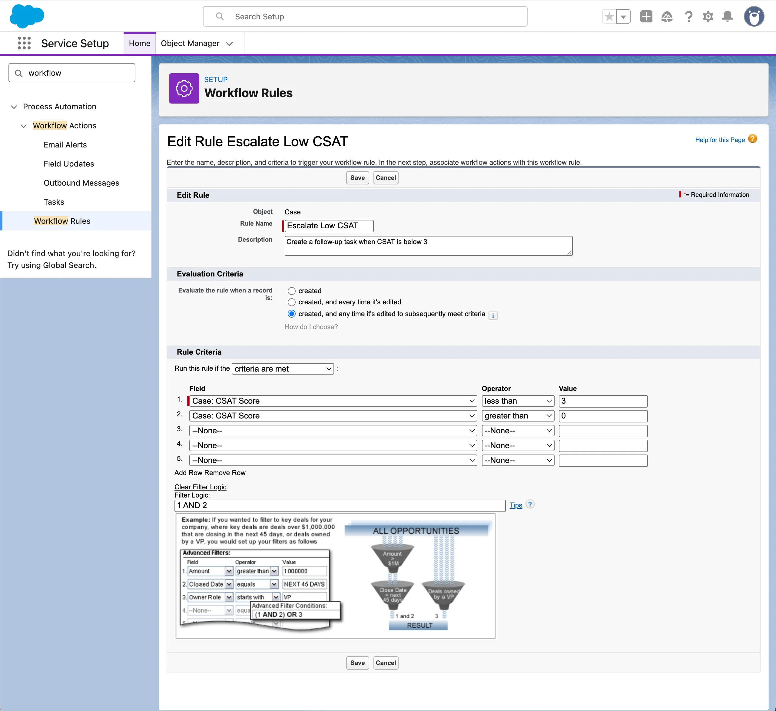 Edit Rule – Escalate Low CSAT screen with the Add Workflow Action dropdown highlighted