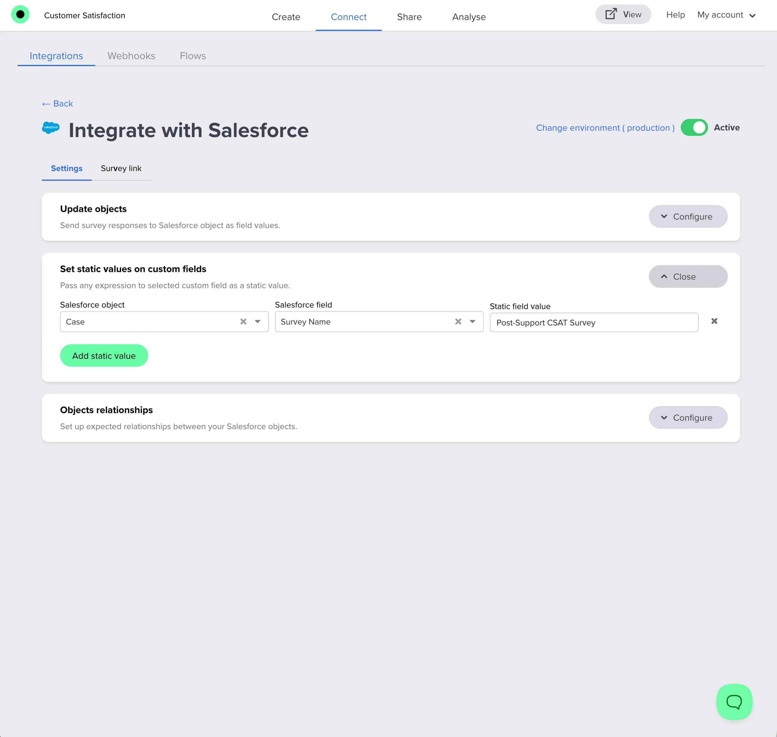 Set static values tab with the static values configured
