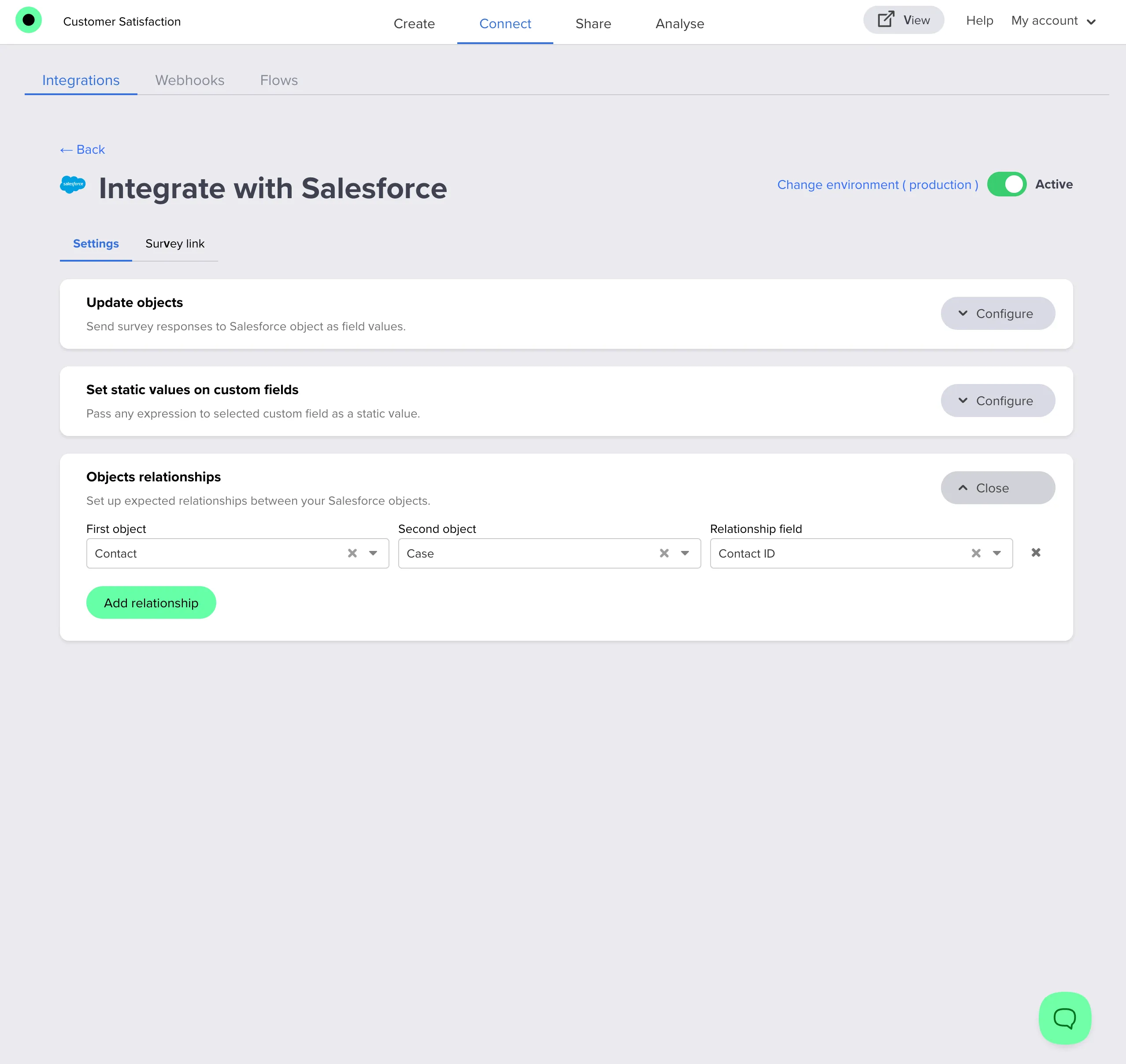 Objects relationships tab with the relationships configured
