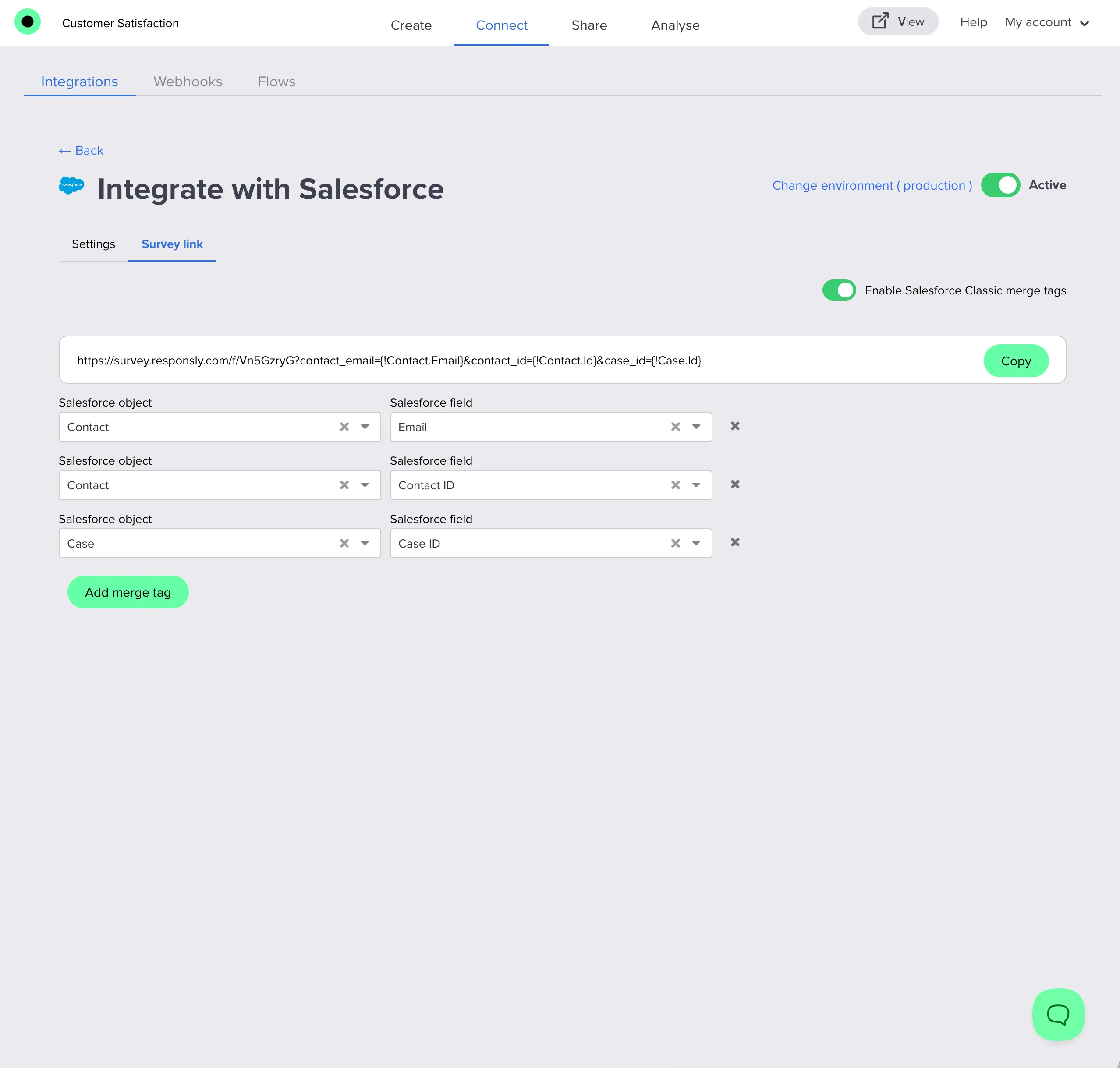 Survey link tab with the merge tags configured