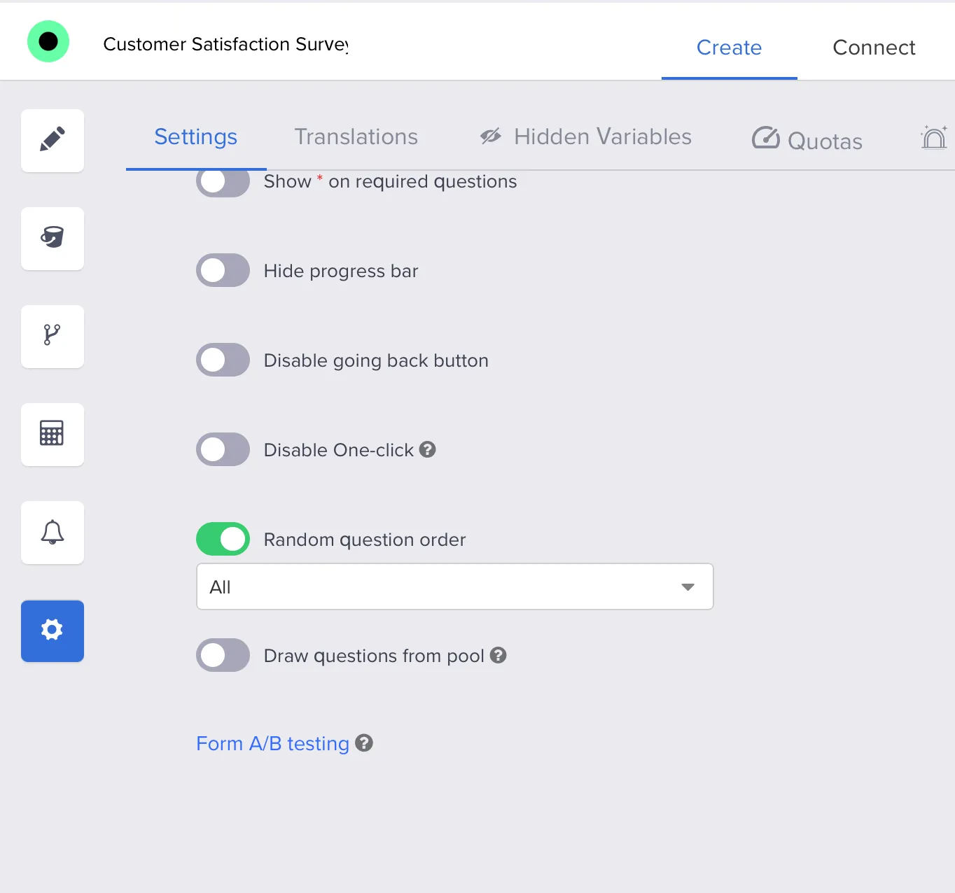Survey settings with Random question order turned on