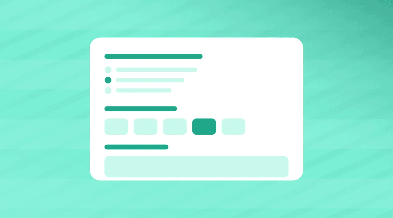 A questionnaire card showing a single-choice question, a rating scale and an open text field